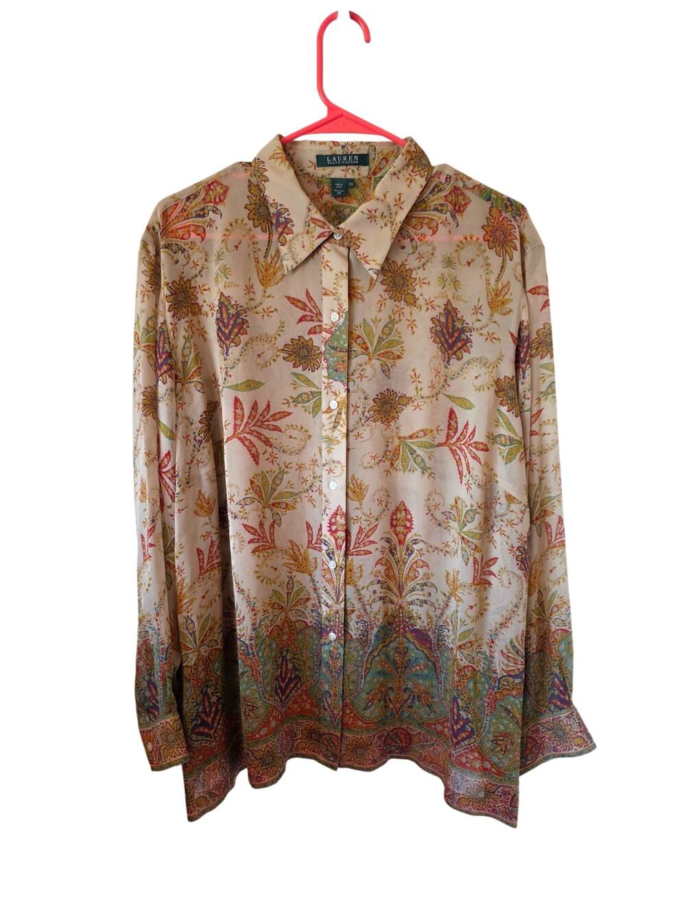 Lauren Ralph Lauren Woman Floral Print Silk Blouse Plus Size 18W Beige NEW